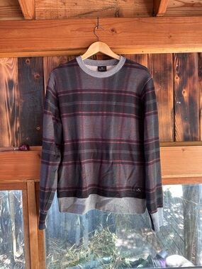 Paul Smith Men's Plaid Crewneck Sweater - Gray with Maroon